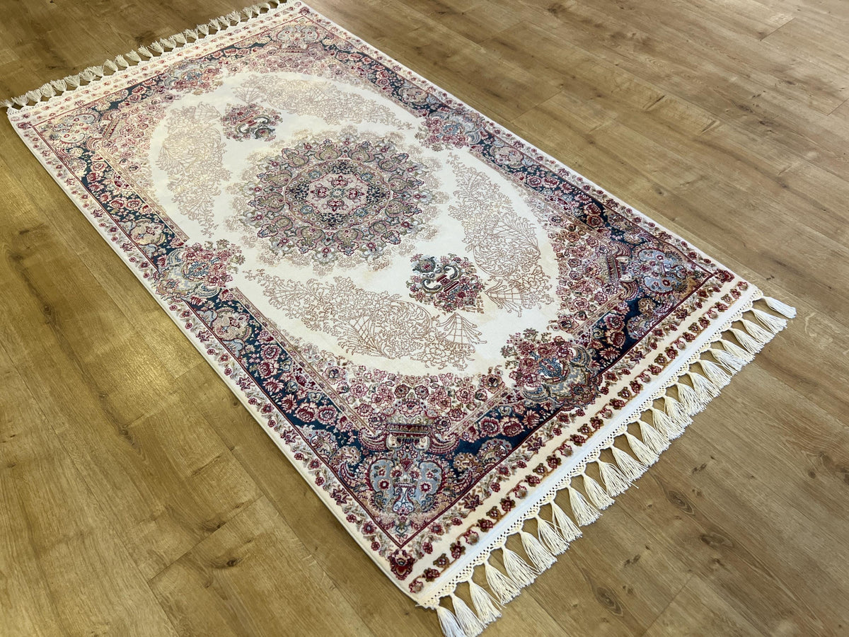 Ivory Silk Rug with Navy Blue Border and Medallion, 3x5 ft, Classic Small Rug