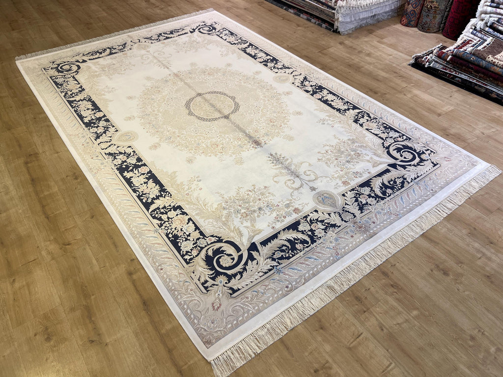 Ivory Silk Rug with Navy Blue Border Gold Medallion, Classic Turkish Rug