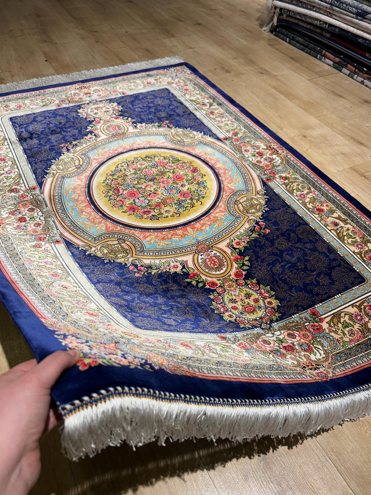 Navy Blue Silk Rug, Gold Floral Medallion Design, Classic Luxury Rug