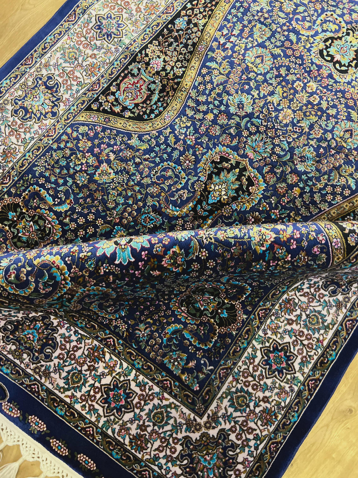 Navy Blue Silk Muslim Prayer Rug, Janamaz Mat, Prayer Gift