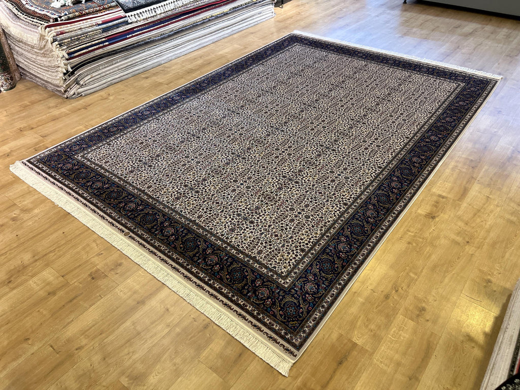 Ivory Blue Floral Silk Rug, Traditional Turkish Carpet, Luxury Home Decor
