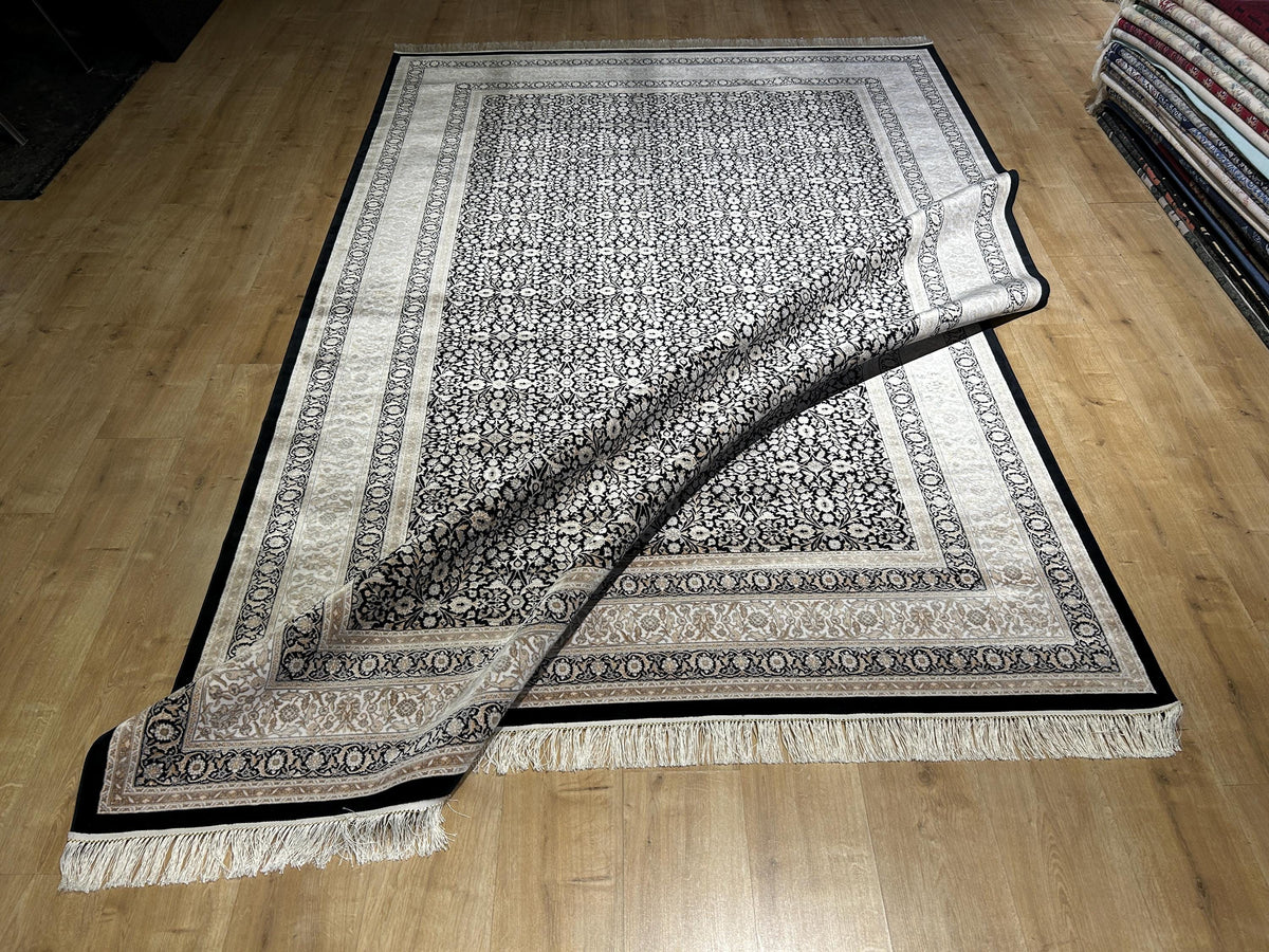 Black Silk Rug with Beige Floral Pattern, Classic Turkish Rug