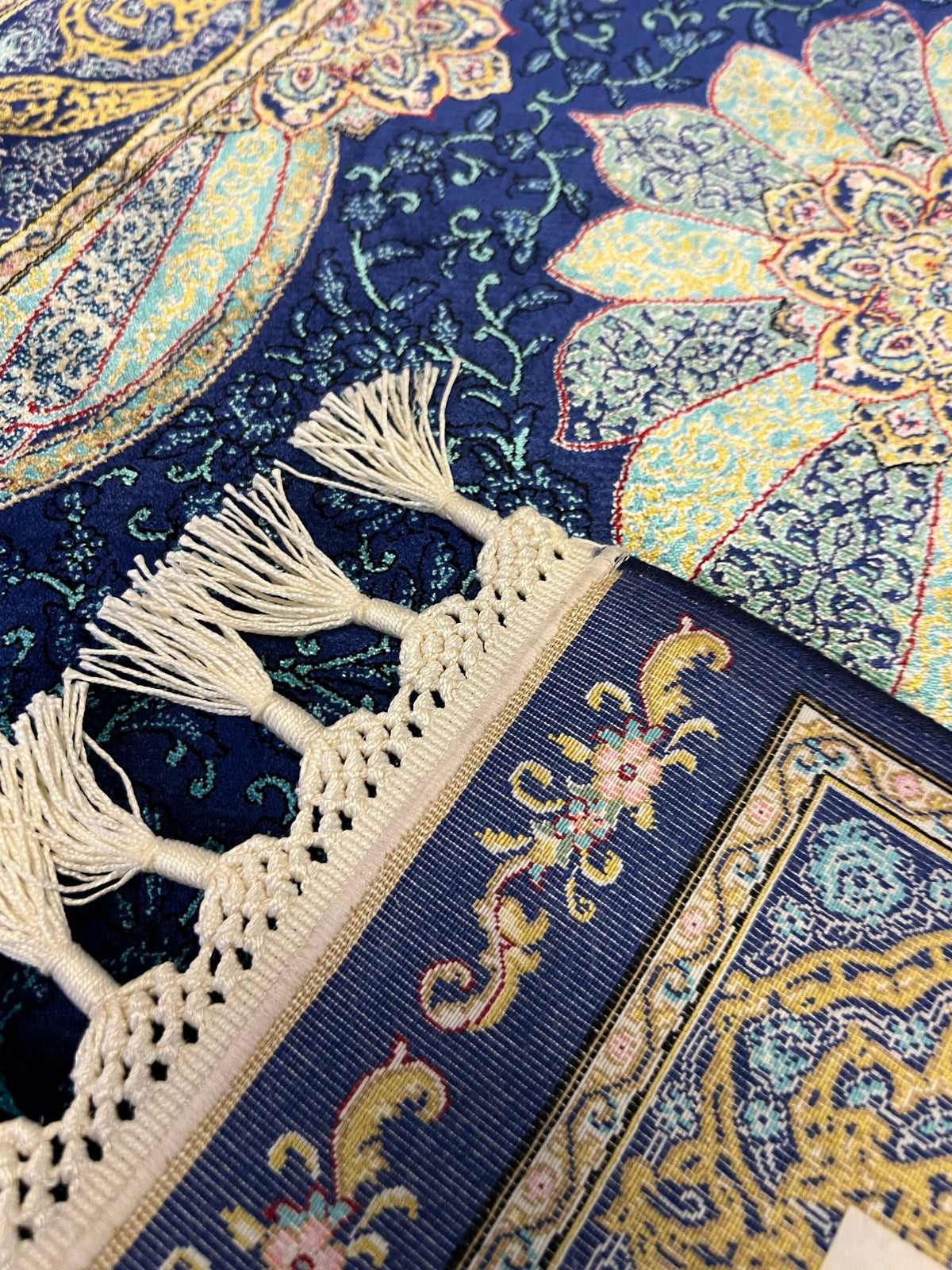 Navy Blue Silk Carpet, Medallion Design Classic Small Rug