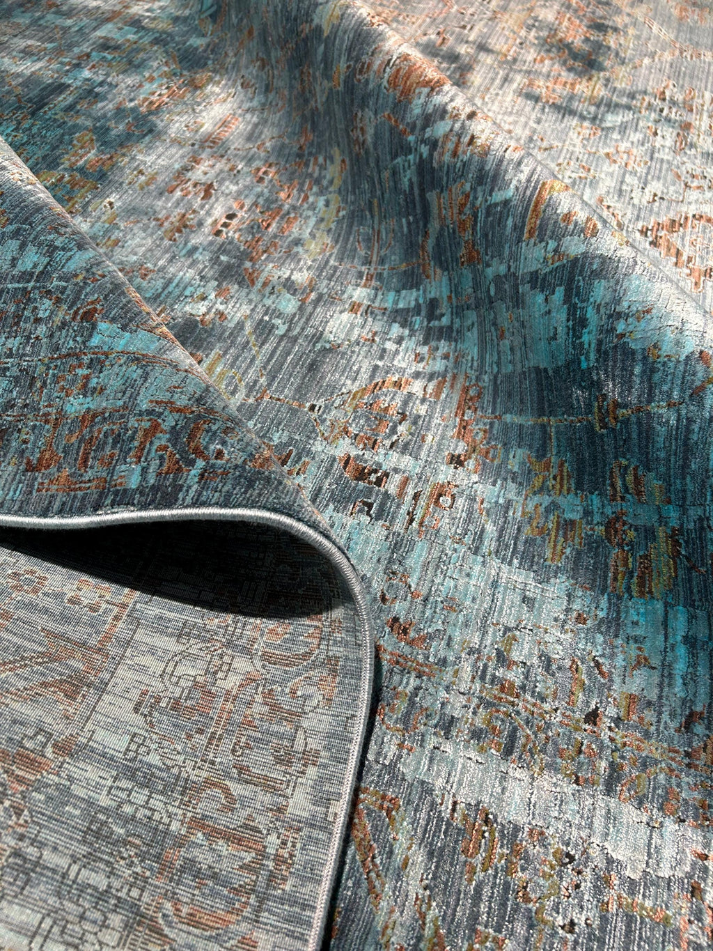 10x13 ft Turquoise Bamboo Rug, Distressed Pattern, Modern Rug