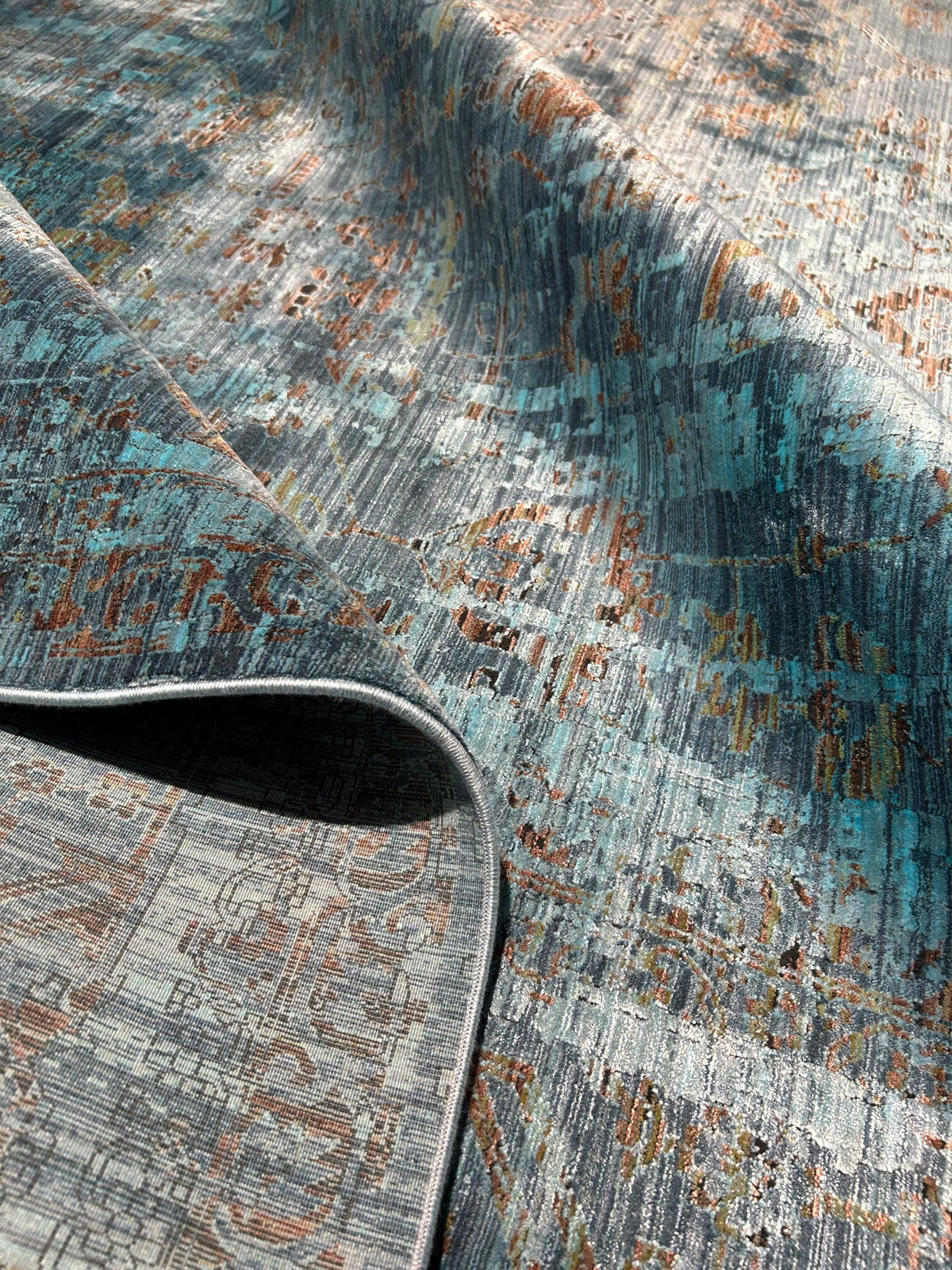 10x13 ft Turquoise Bamboo Rug, Distressed Pattern, Modern Rug