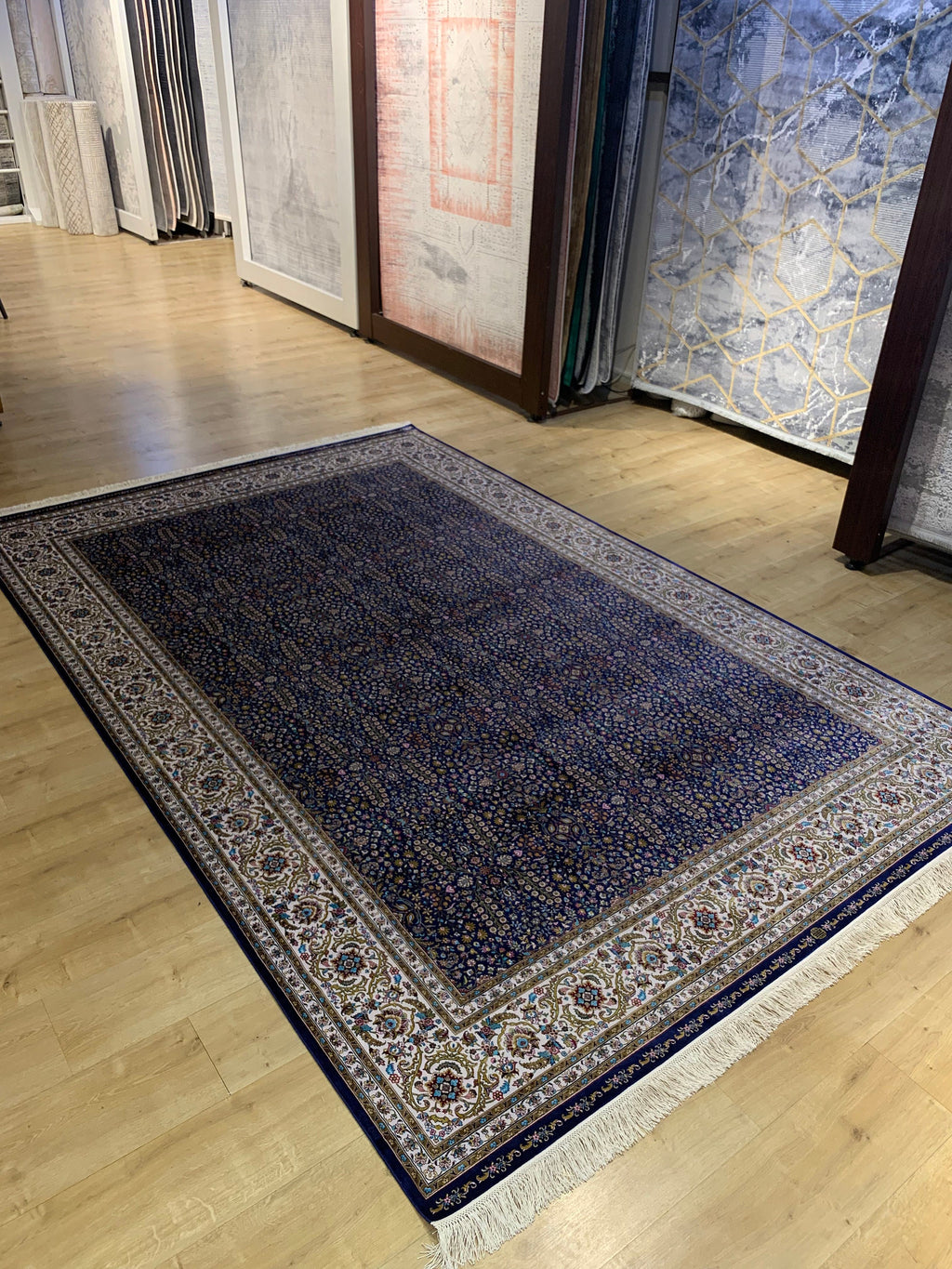 Blue Floral Silk Rug, Traditional Turkish Carpet, Luxury Home Decor