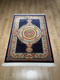 Navy Blue Silk Rug, Gold Floral Medallion Design, Classic Luxury Rug