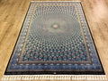 7x10 ft Blue Black Silk Rug, Peacock Tail Pattern Medallion Design Rug, Traditional Carpet