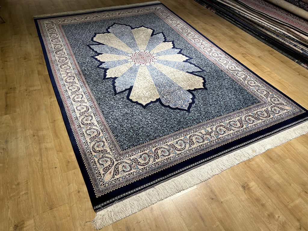 7x10 ft Navy Blue Silk Carpet, Traditional Pattern Rug