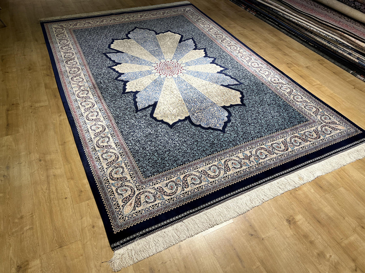 7x10 ft Navy Blue Silk Carpet, Traditional Pattern Rug
