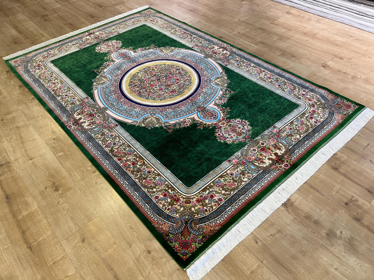 Luxury Green Silk Rug With Floral Border and Medallion