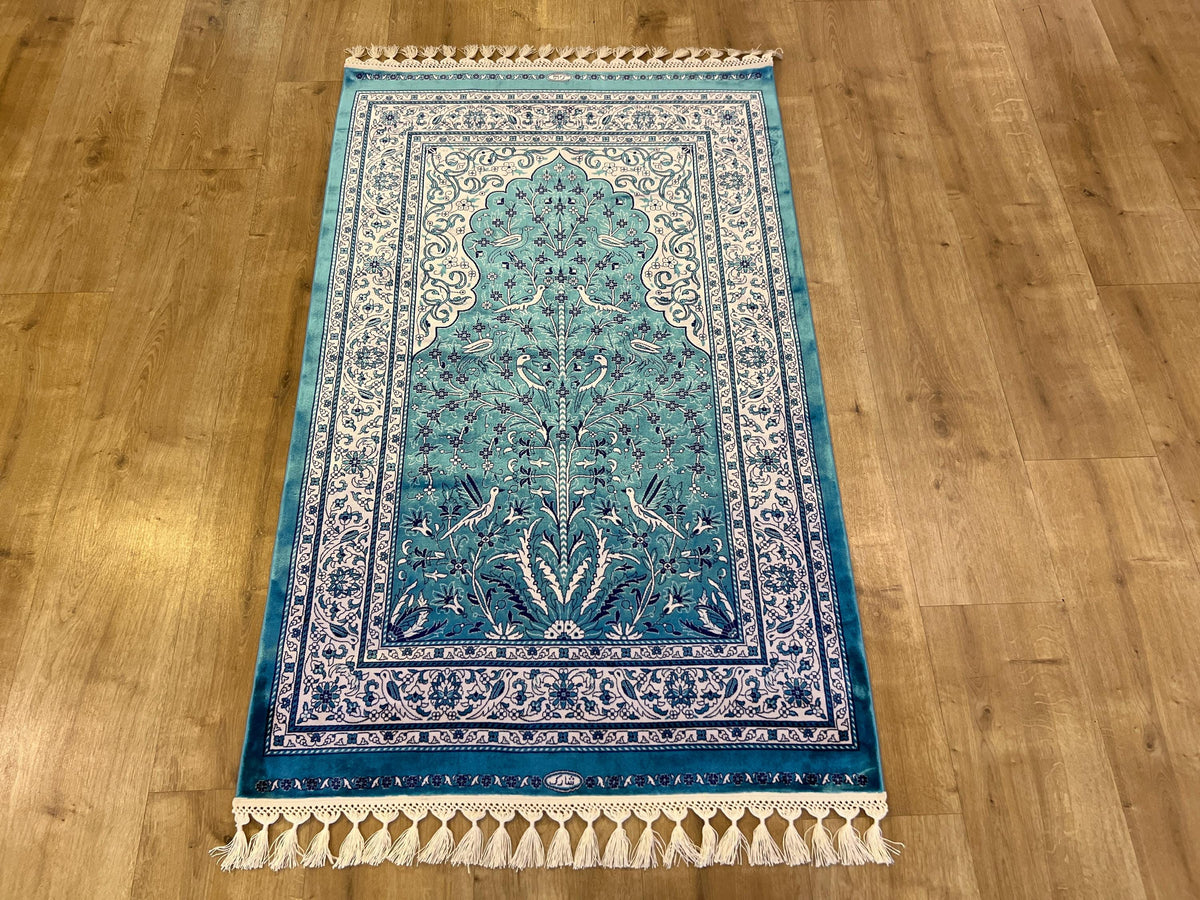 Blue Silk Muslim Prayer Rug, Janamaz Mat, Prayer Gift 2.62X4.10 ft