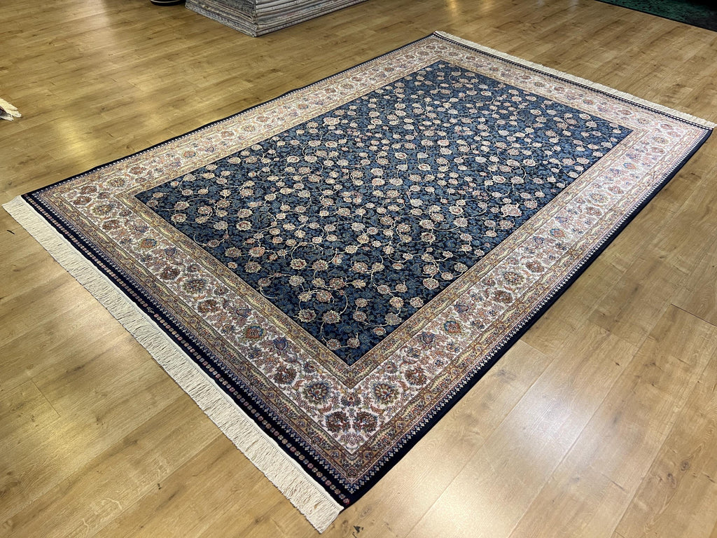 7x10 ft Blue Silk Bamboo Rug with Ivory Border and Gold Pattern, Classic Design