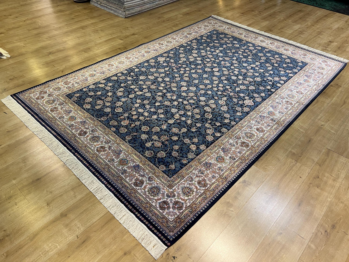 7x10 ft Blue Silk Bamboo Rug with Ivory Border and Gold Pattern, Classic Design