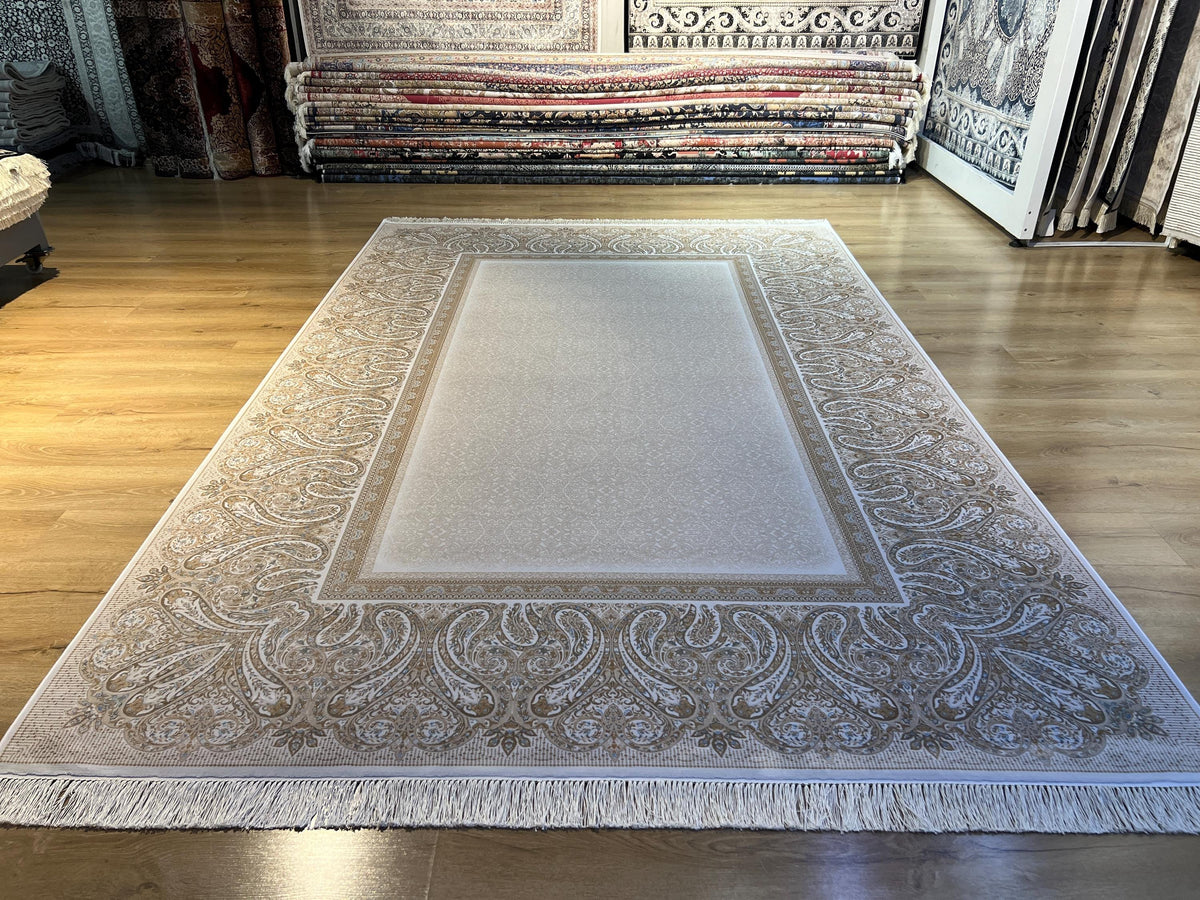 Cream Gold Silk Rug with Elegant Border, Classic Luxury Area Rug