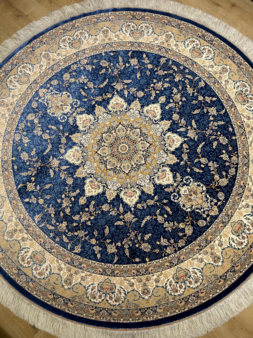 7x7 Ft Round Blue Beige Silk Rug, Classic Medallion Design Carpet
