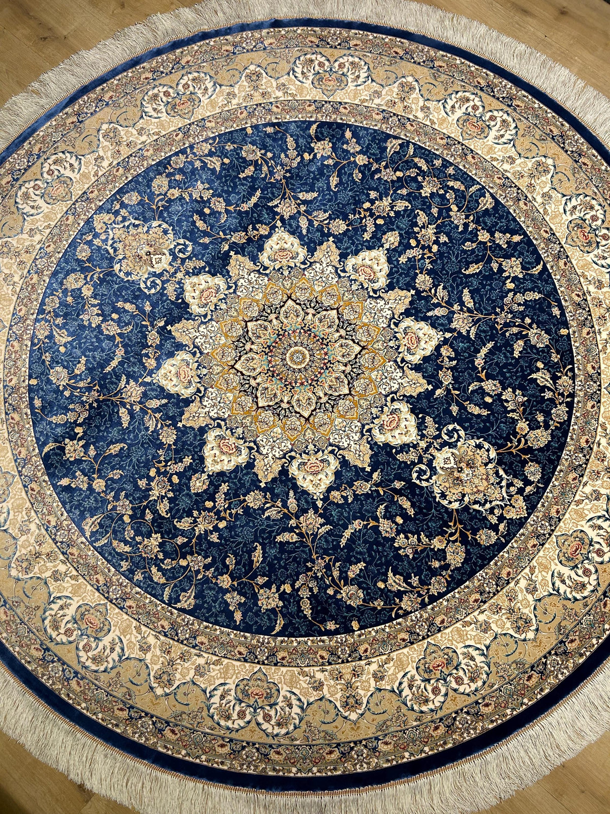 7x7 Ft Round Blue Beige Silk Rug, Classic Medallion Design Carpet