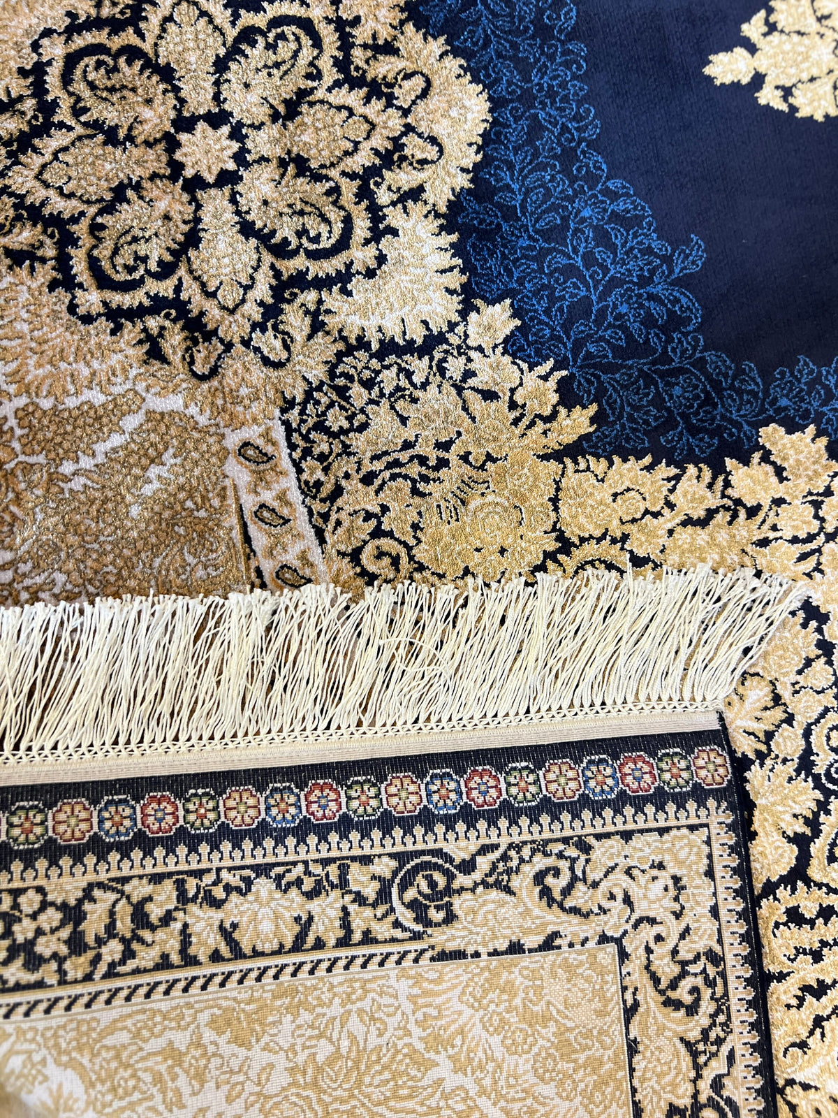 5x8 ft Dark Blue Silk Rug, Gold Medallion Design, Luxury Turkish Home Decor