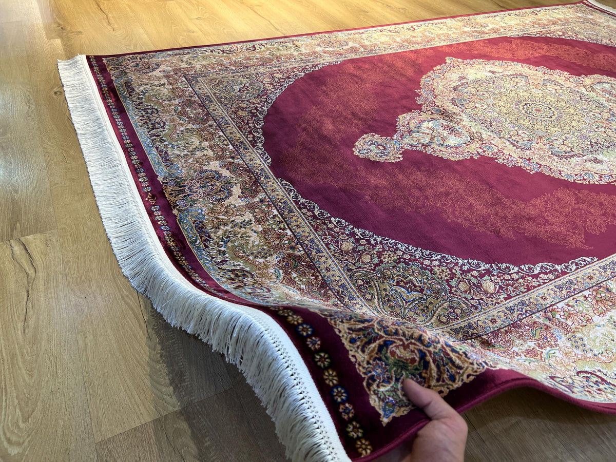 5x8 ft Red Silk Rug, Gold Green Floral Medallion, Elegant Turkish Carpet