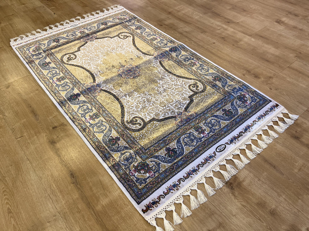Ivory Silk Rug with Gold Medallion Pattern, Small Silk Carpet