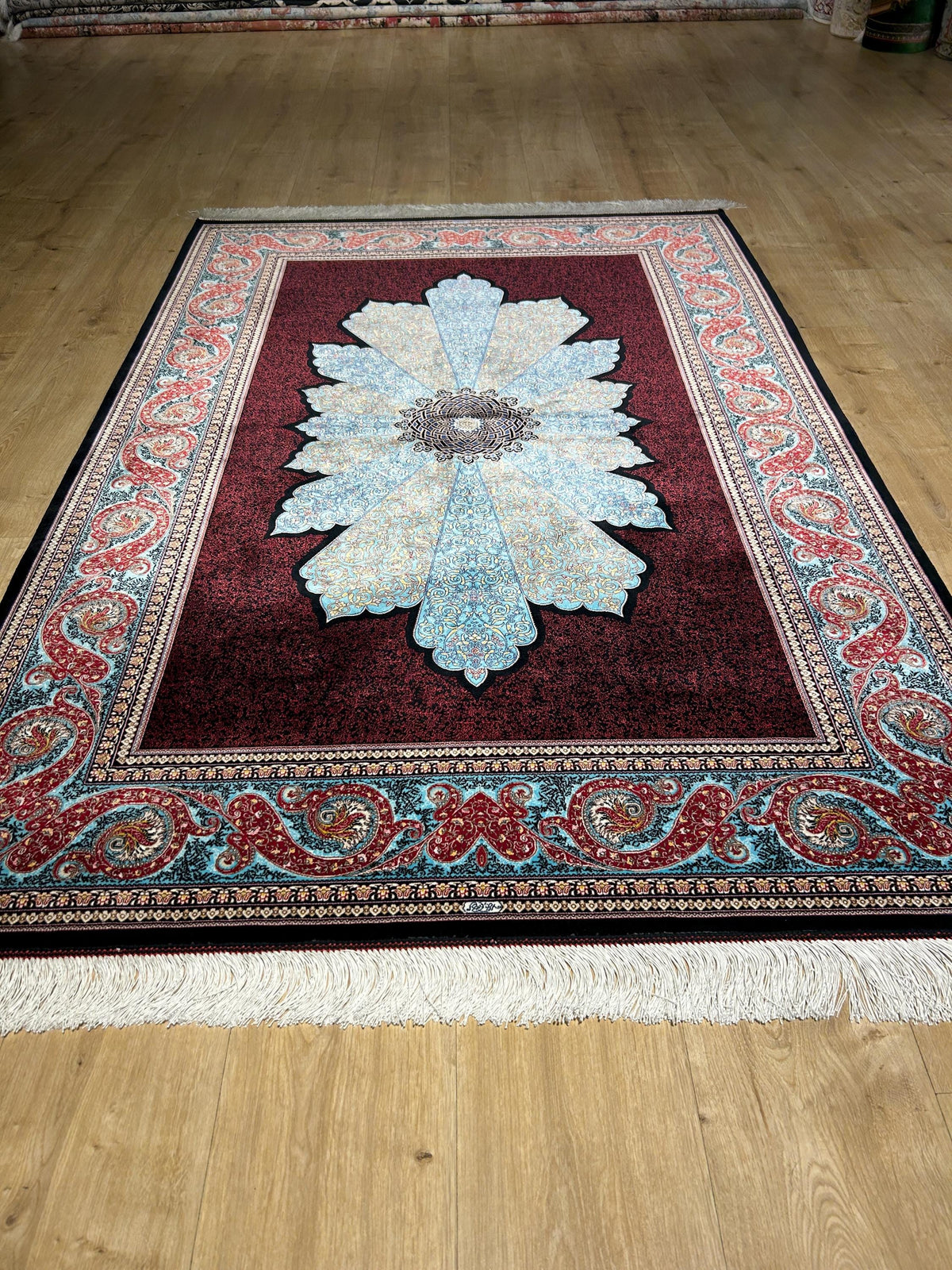 4x6 ft Red Silk Rug, Blue Medallion Design, Classic Turkish Style Carpet, Luxury Rug