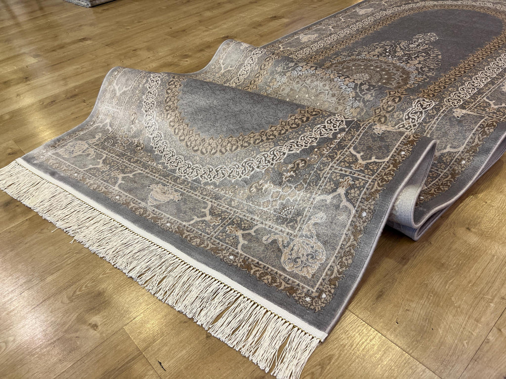 Gray Medallion Turkish Silk Runner Rug, Classic Luxury Hallway Rug