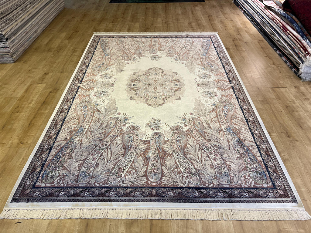 7x10 ft Luxury Cream Silk Rug, Brown Medallion Classic Design, Oversize Rug