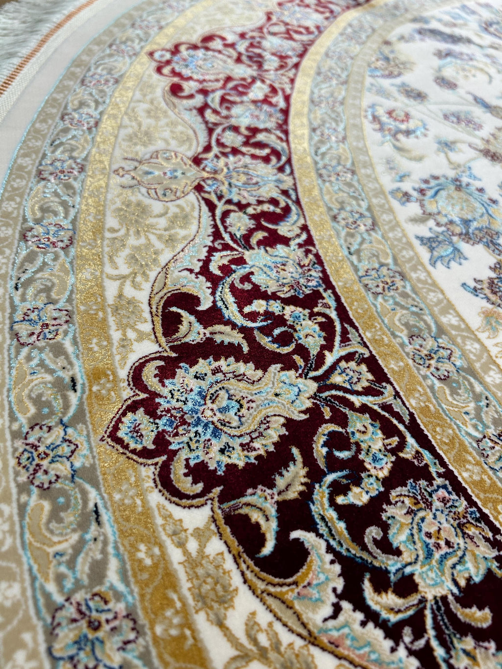 5x5 ft Ivory Round Silk Rug, Red Gold Border Design, Turkish Style Floral Pattern