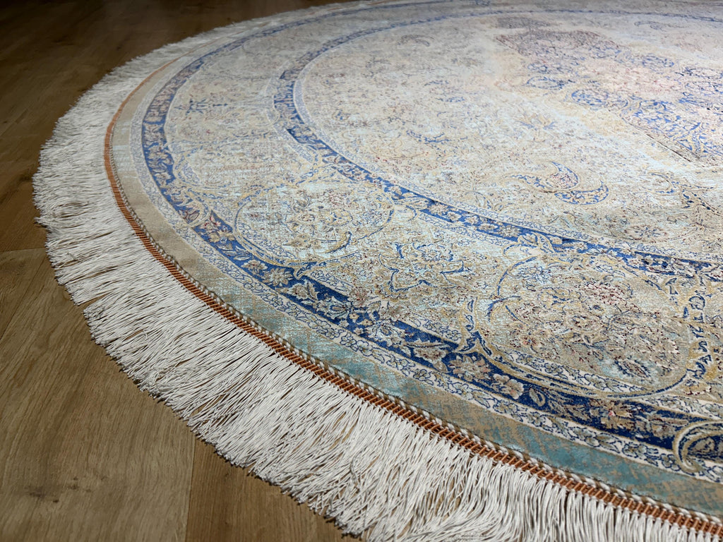 7x7 Ft Beige Blue Silk Rug, Distressed Pattern Medallion Carpet