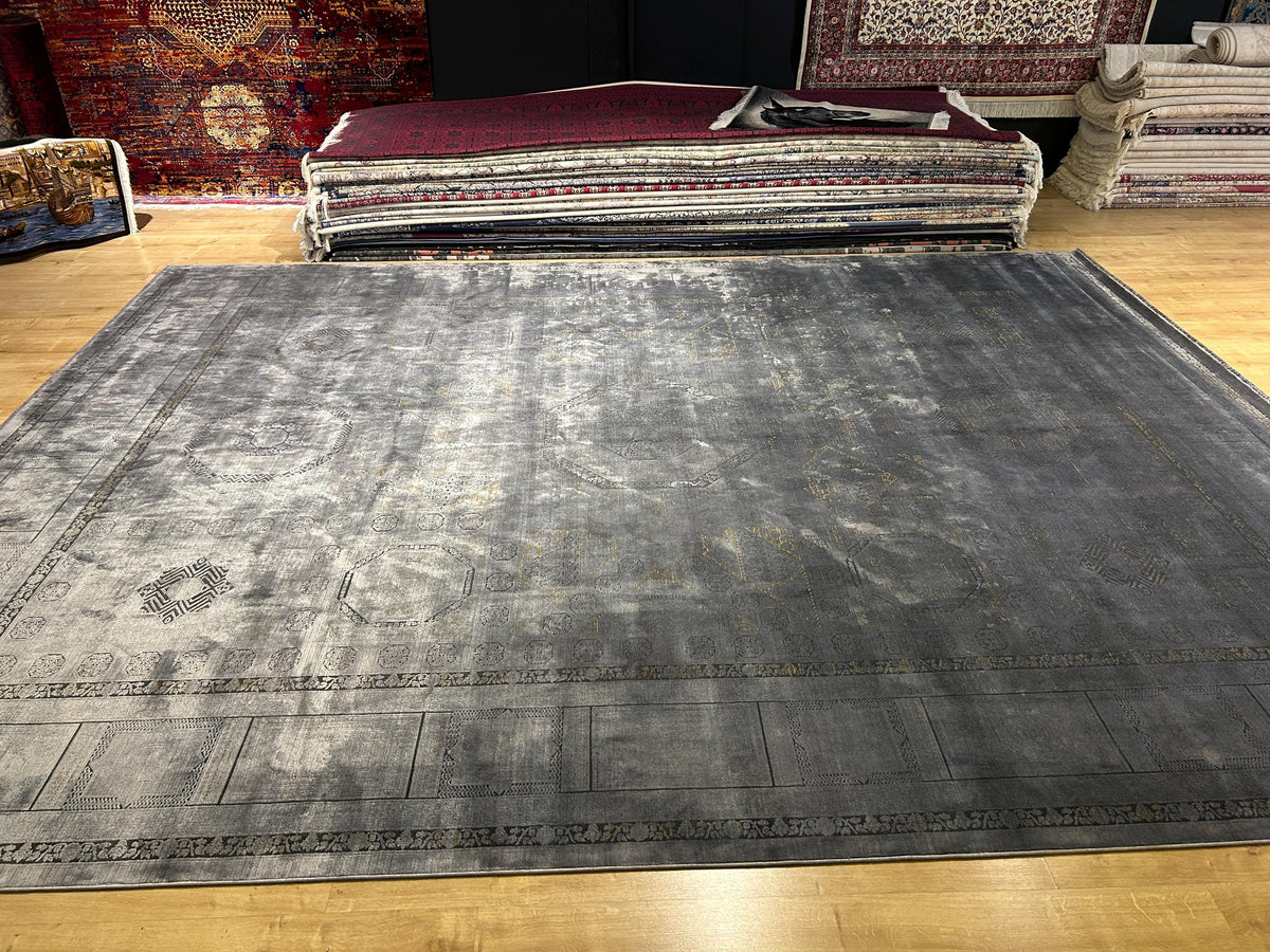 10x13 ft Smoked Gray Bamboo Rug, Distressed Pattern, Modern Rug