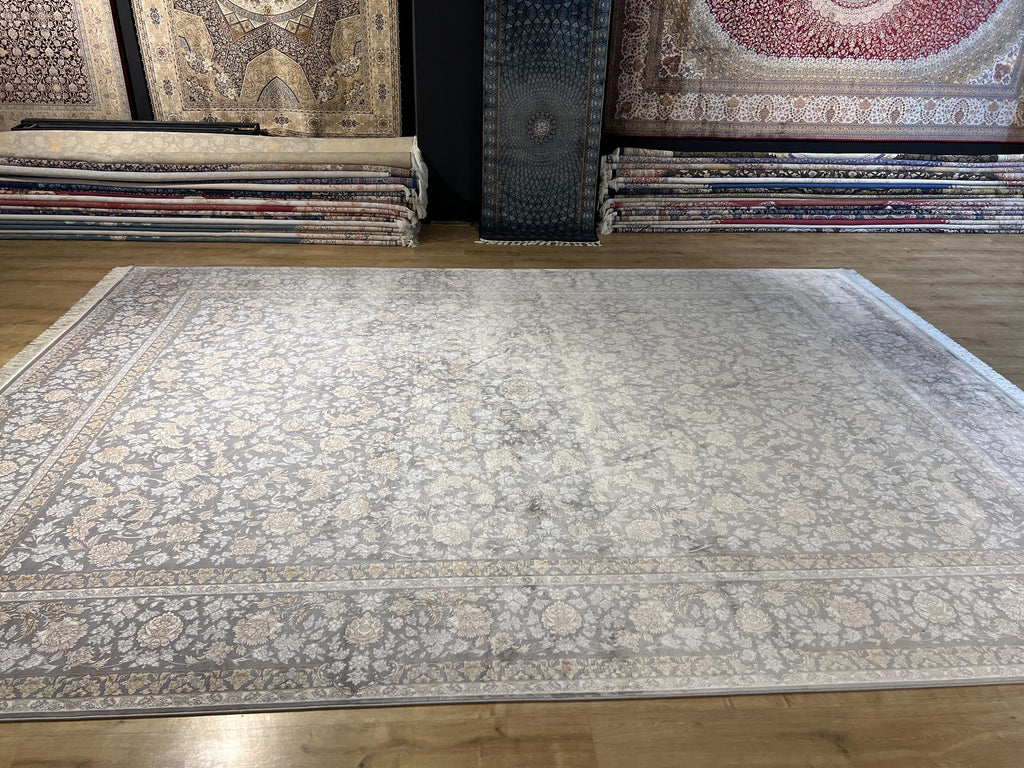 10x13 ft Gray Classic Silk Rug with Beige Floral Motifs, Big Silk Carpet