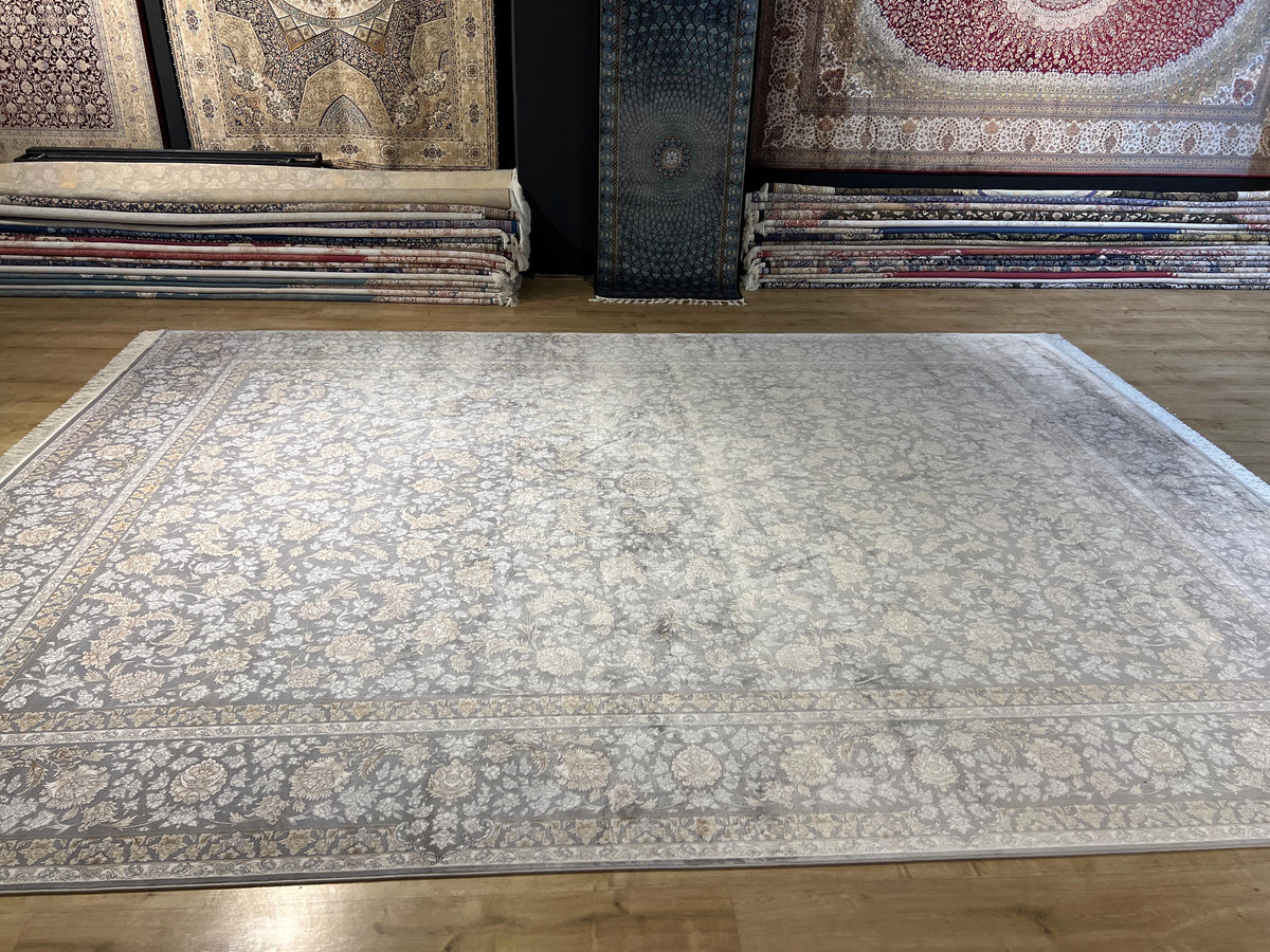 10x13 ft Gray Classic Silk Rug with Beige Floral Motifs, Big Silk Carpet