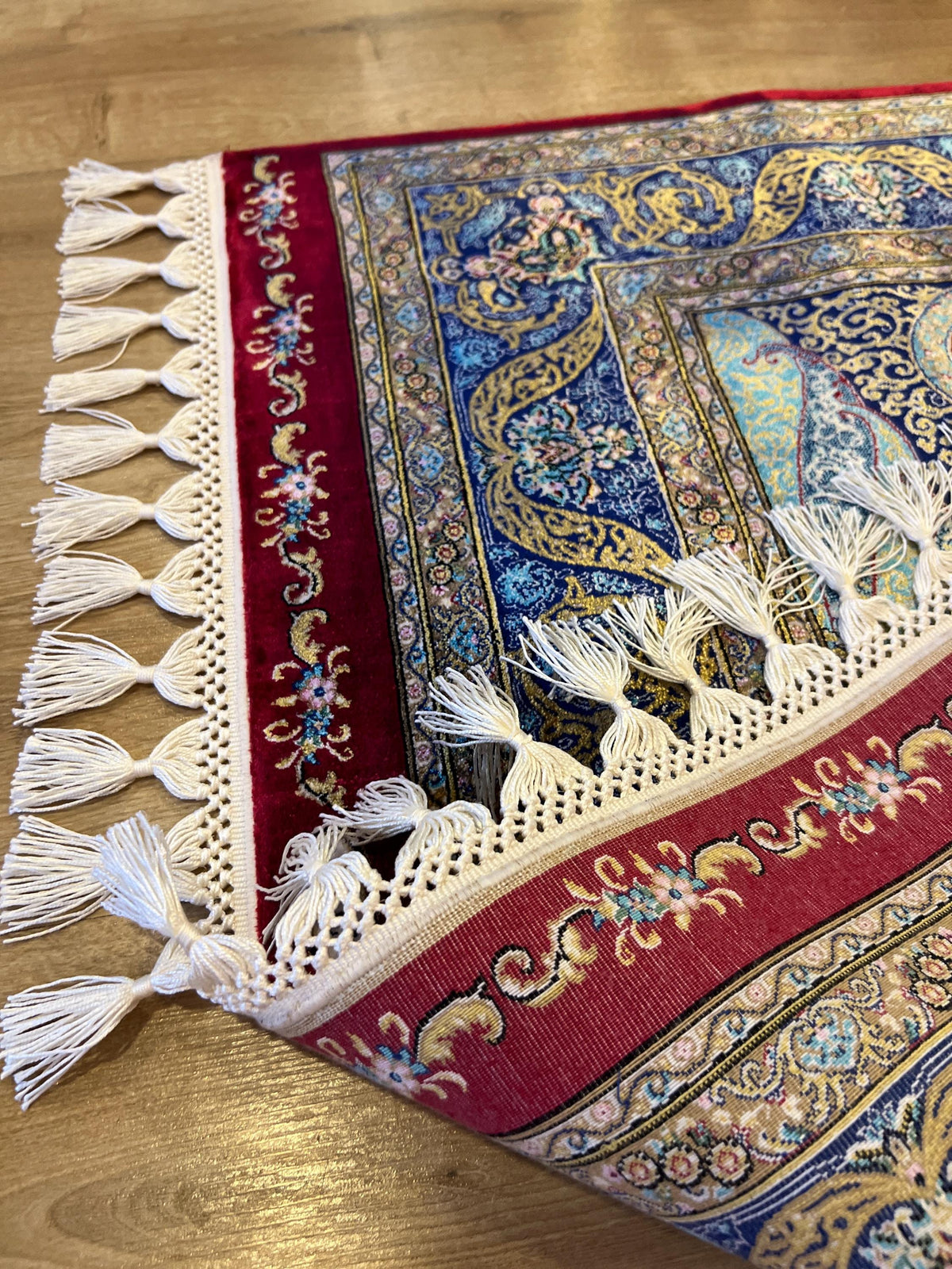 Red Silk Rug with Blue Medallion Pattern, Small Silk Carpet