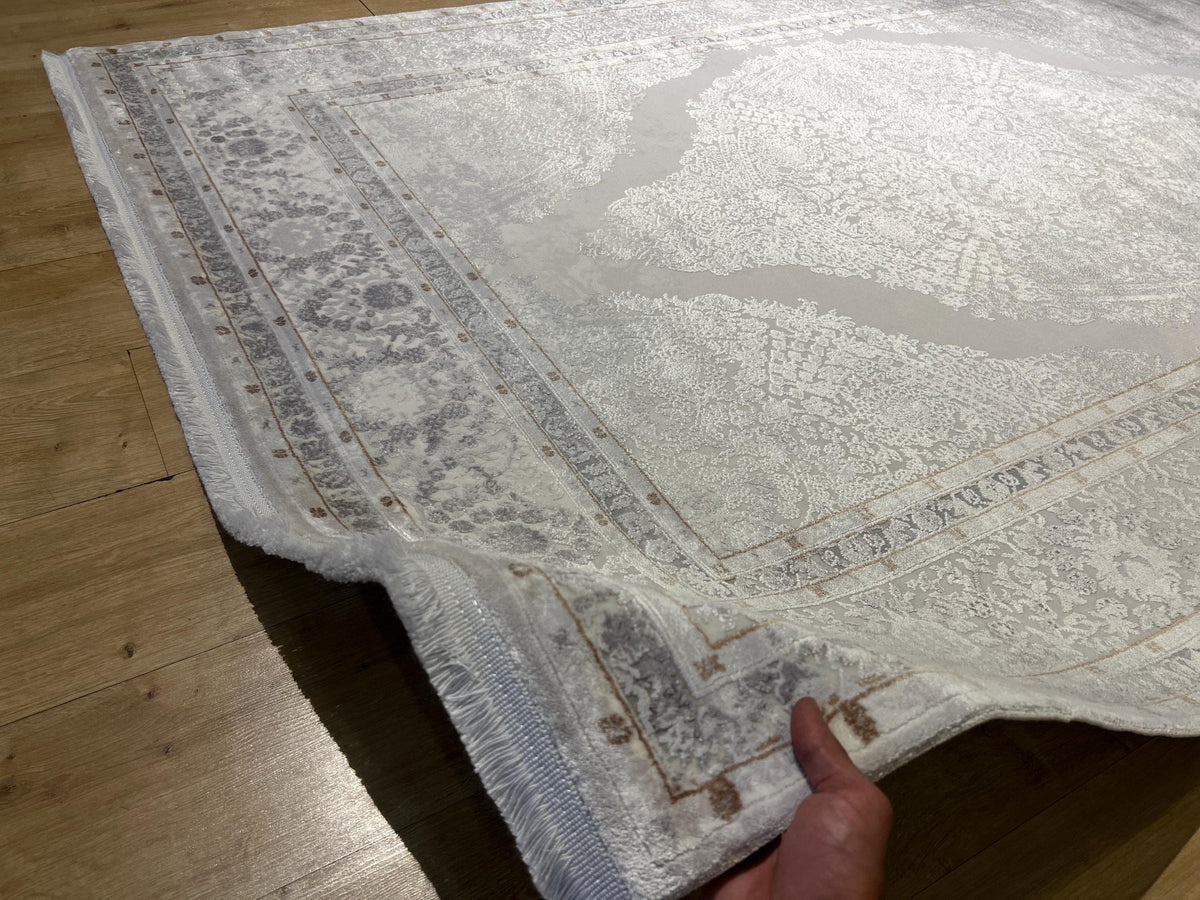 Gray Silver Bamboo Area Rug, Turkish Medallion Design Carpet (5x8 ft)