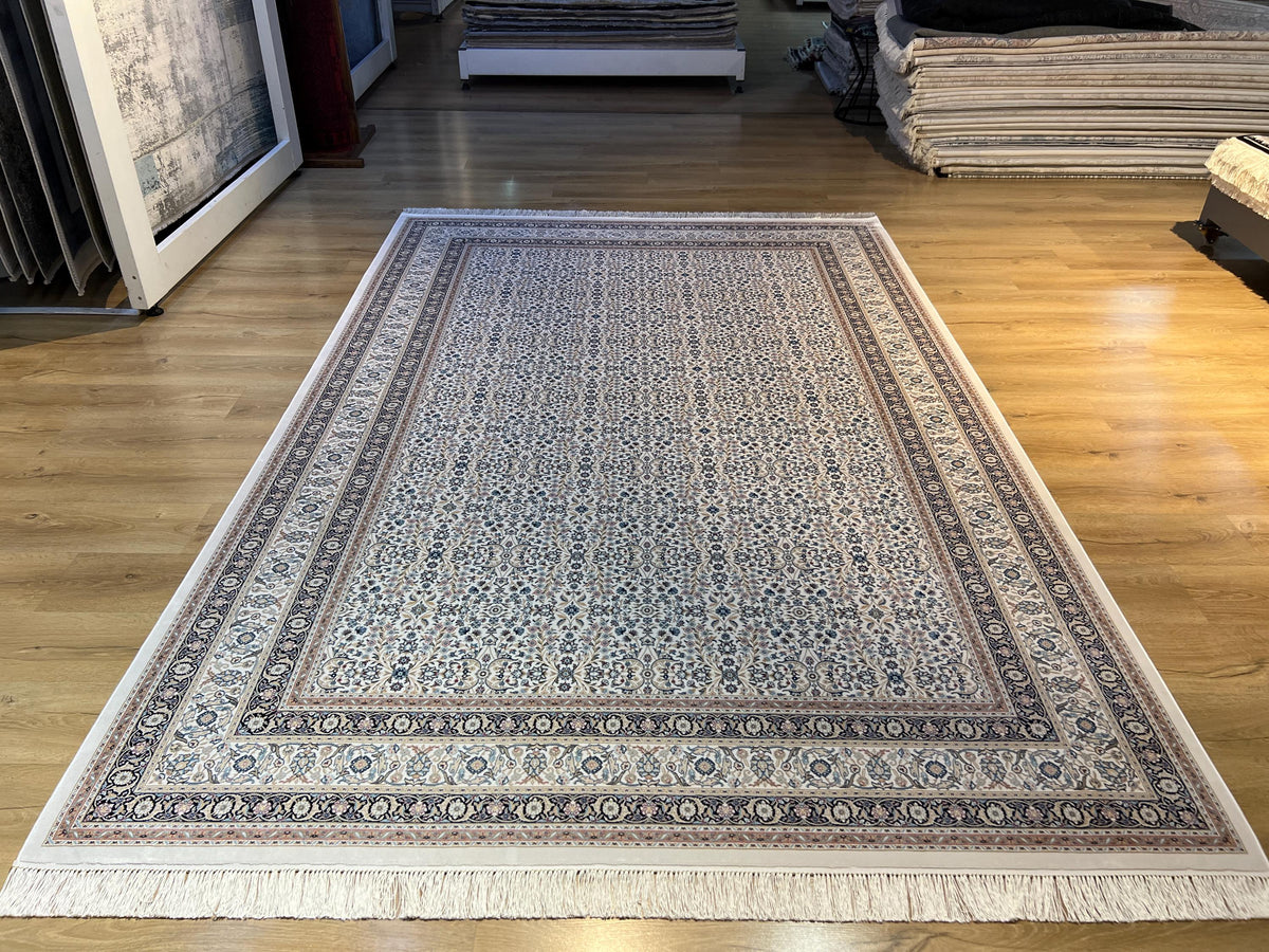 7x10 ft Ivory Silk Rug with Floral Border, Oversize Rug, Classic Turkish Style
