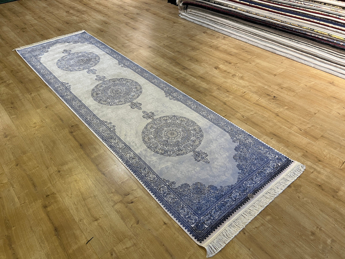 Gray Blue Medallion Silk Runner Rug, 3x10 ft, Classic Luxury Hallway Rug
