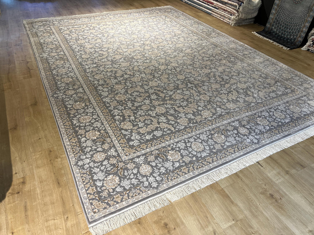 10x13 ft Gray Classic Silk Rug with Beige Floral Motifs, Big Silk Carpet