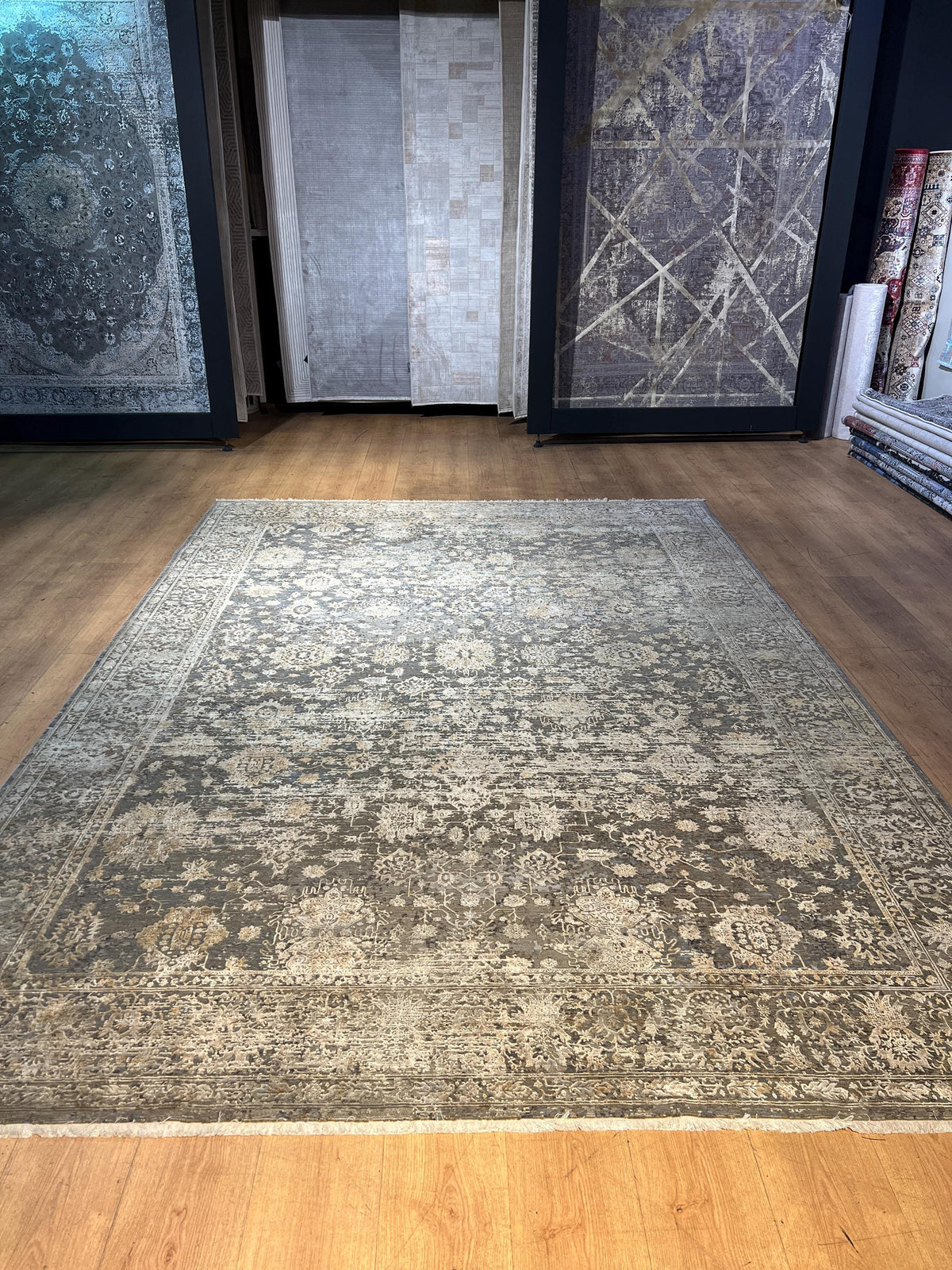 Brown Gray Bamboo Rug with Antique Distressed Floral Pattern