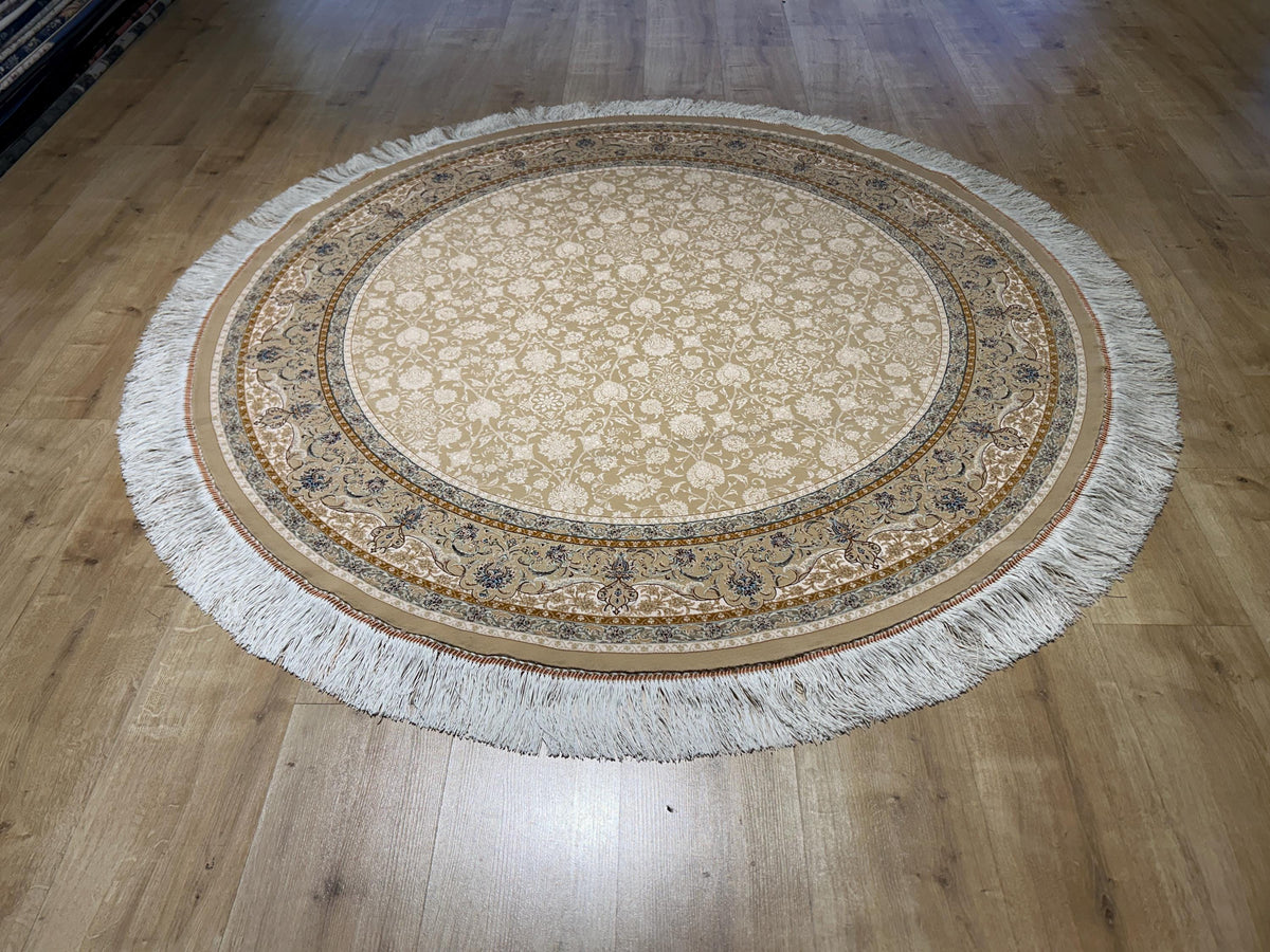 5x5 ft Beige Round Silk Rug, Classic Turkish Style Carpet, Floral Design