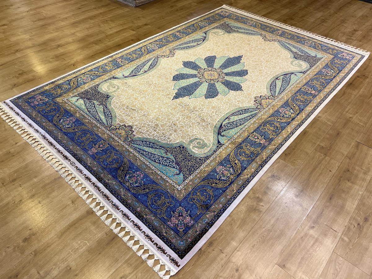 Ivory Silk Rug, Gold Blue Medallion, Classic Traditional Style Carpet