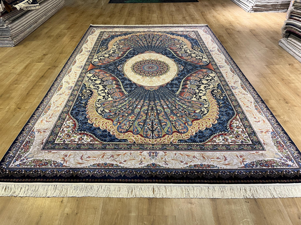 7x10 ft Navy Silk Rug with Peacock Medallion, Classic Luxury Design