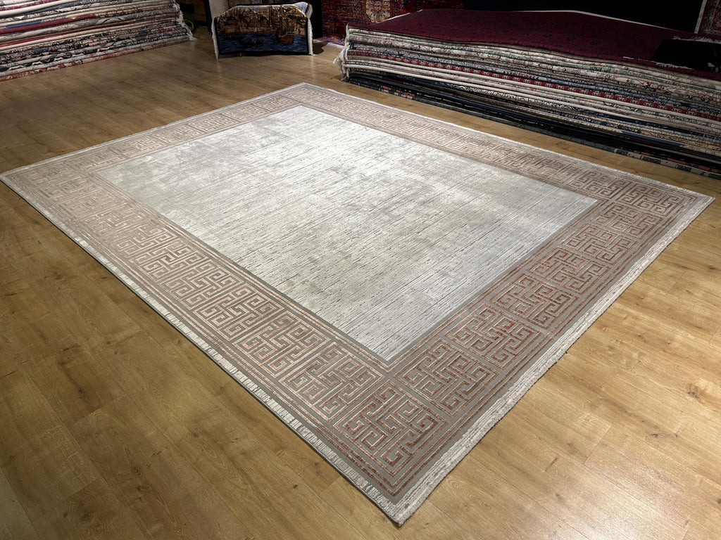 8x10 ft Brick Colour Gray Cream Bamboo Rug, Bordered Minimalist Modern Rug