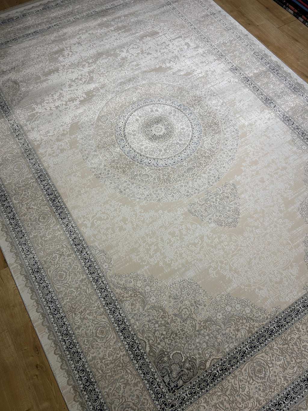 Cream Navy Blue  Bamboo Rug, Classic Medallion Bamboo Carpet, Home Decor