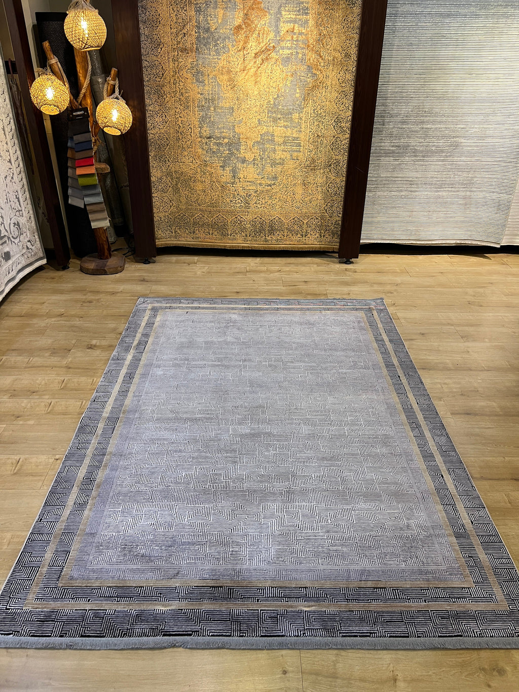 Geometric Pattern Bamboo Rug, Dark Gray, Turkish Carpet
