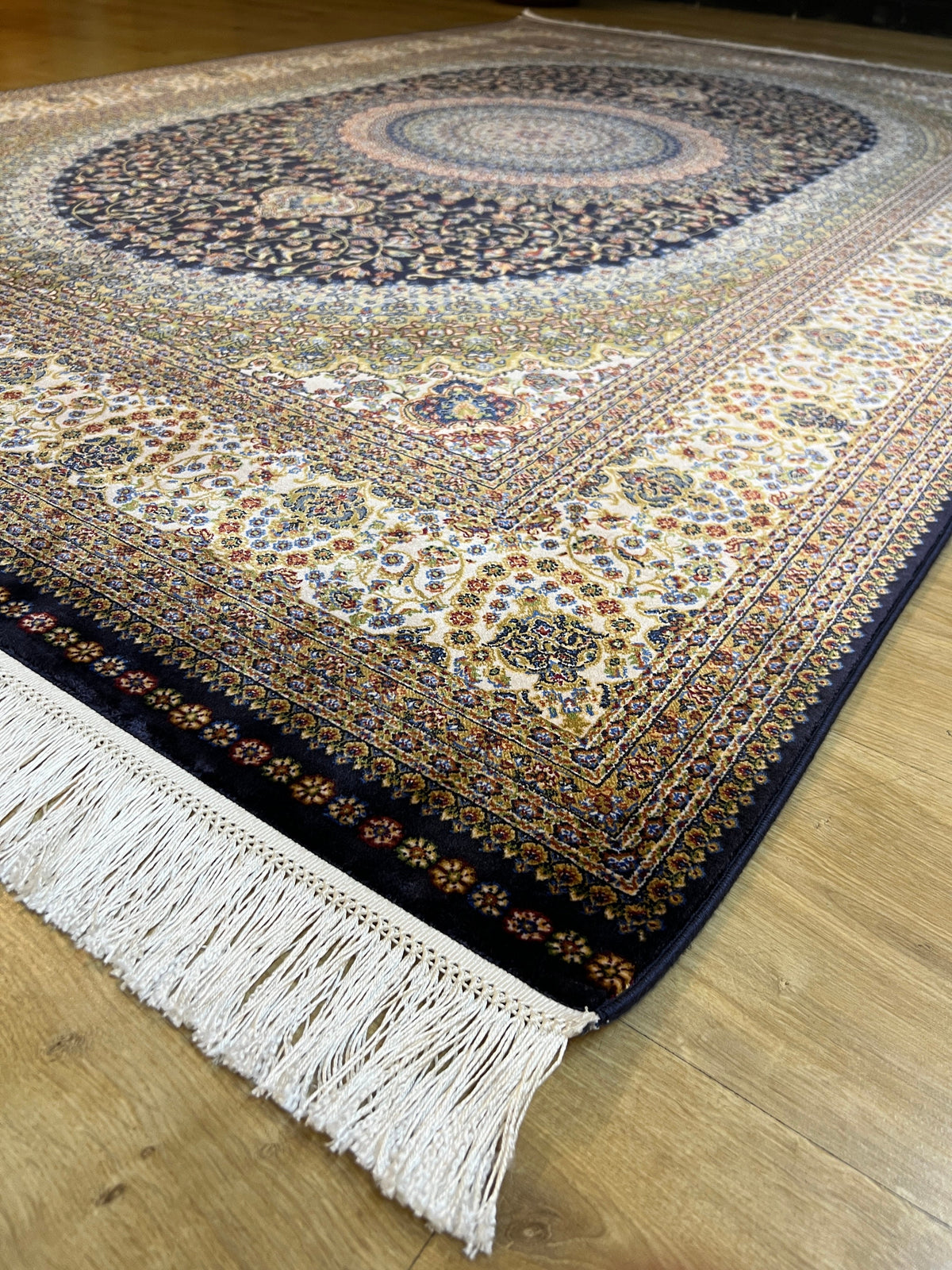 5x8 Ft Dark Navy Blue Medallion Silk Bamboo Area Rug, Classic Turkish Silk Carpet