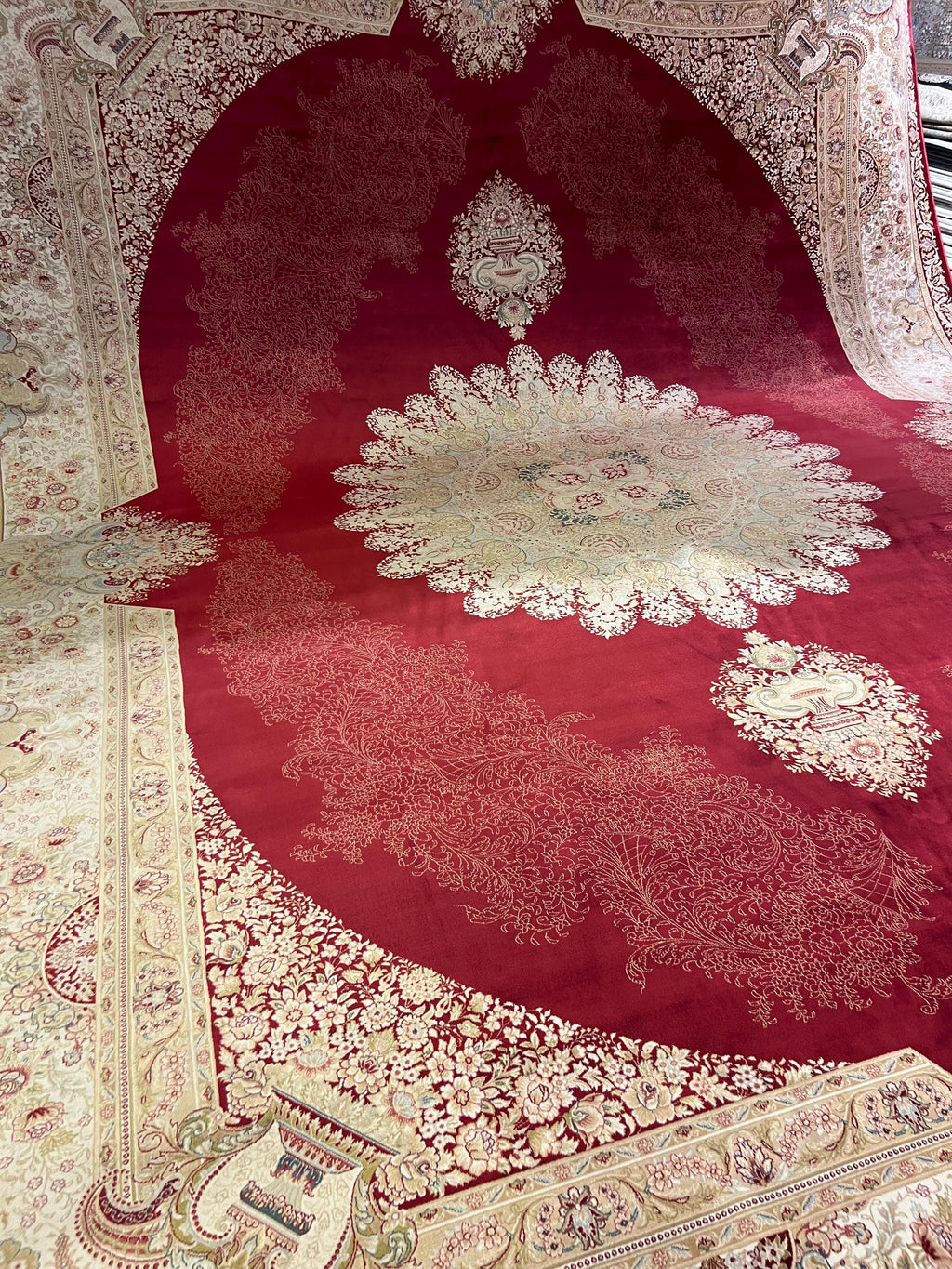 Red Bamboo Silk Rug 10x13 ft, Large Luxury Area Rug with Medallion Design