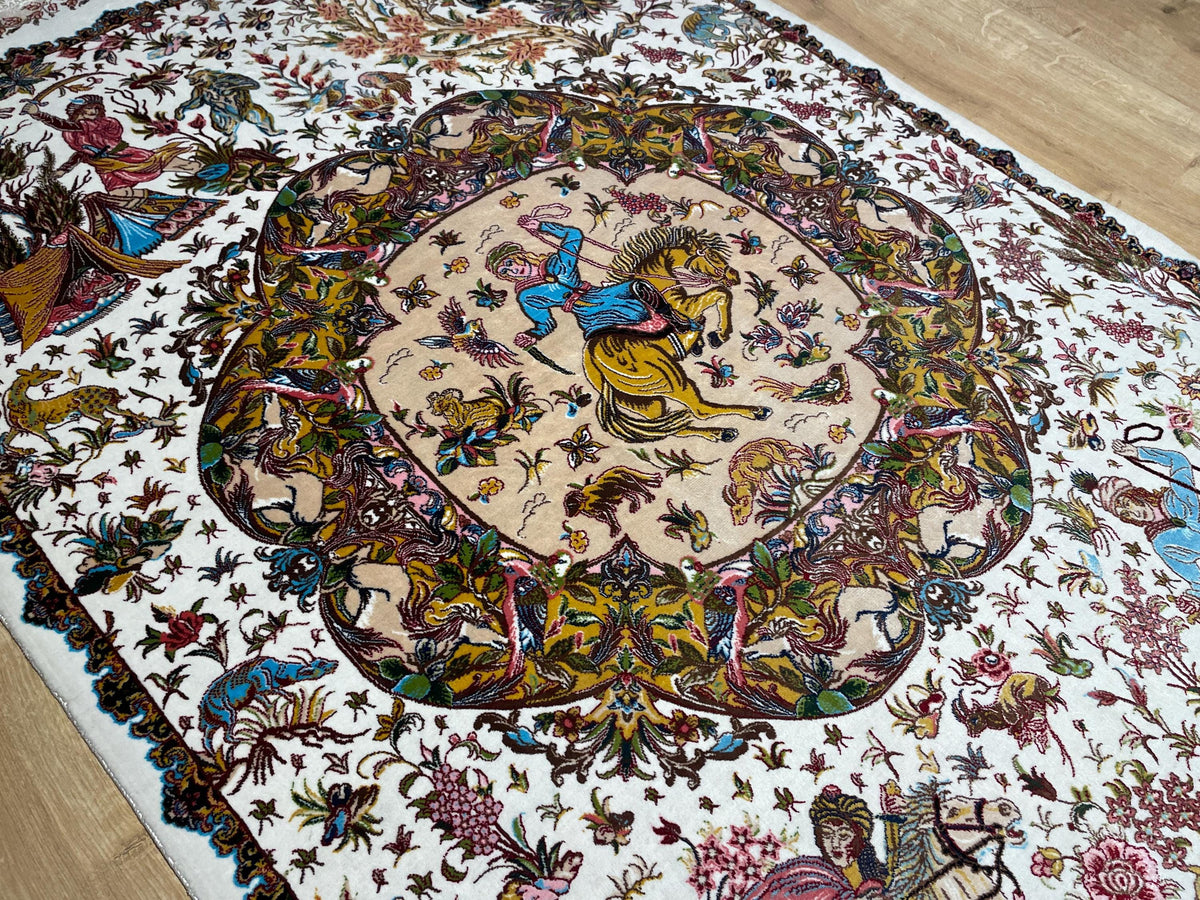 Ivory Decorative Silk Tapestry Rug With Art Motifs, Floral Design