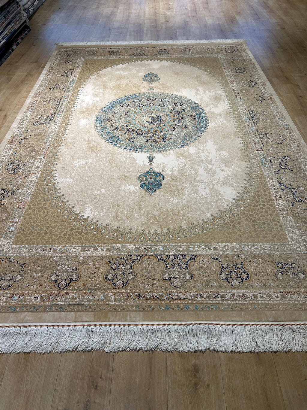 7x10 Beige Silk Rug, Blue Medallion Classic Luxury Turkish Carpet