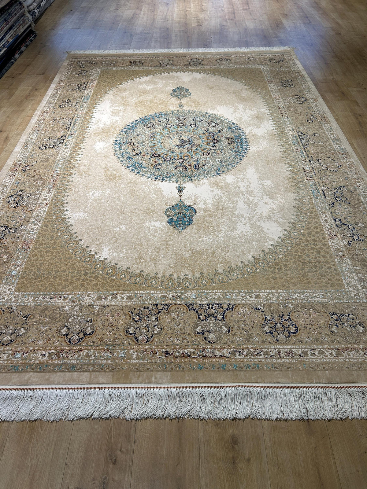 7x10 Beige Silk Rug, Blue Medallion Classic Luxury Turkish Carpet