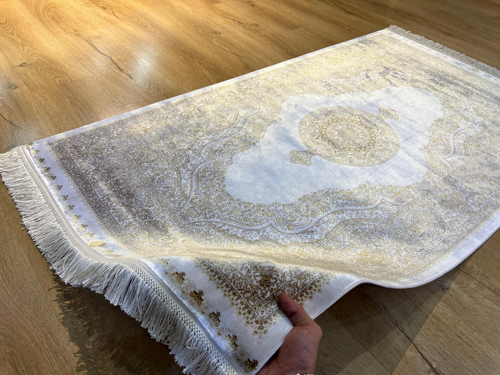Ivory Silk Rug with Gold Pattern and Medallion, 3x5 ft, Classic Luxury Small Rug